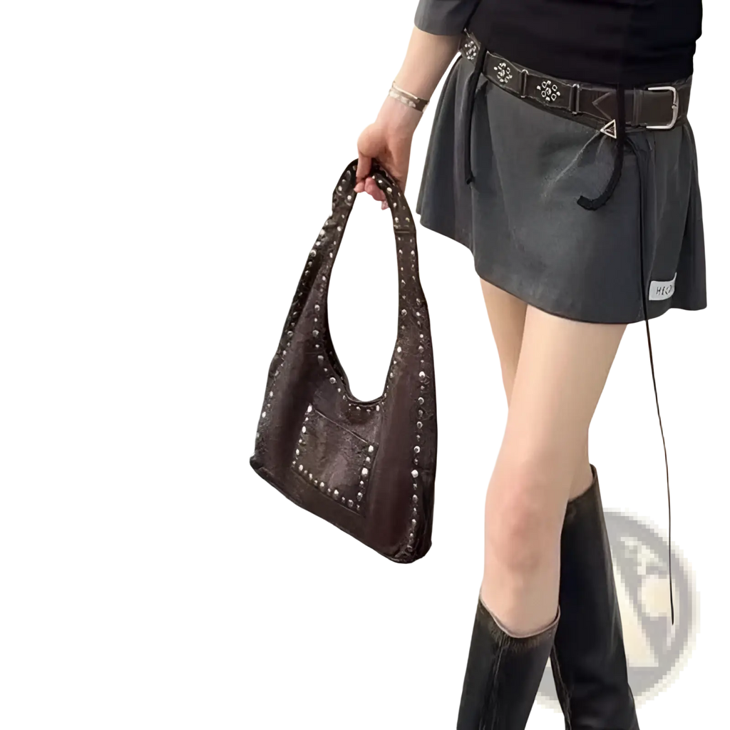 Brown Studded Leather Shoulder Bag Retro Hobo Purse