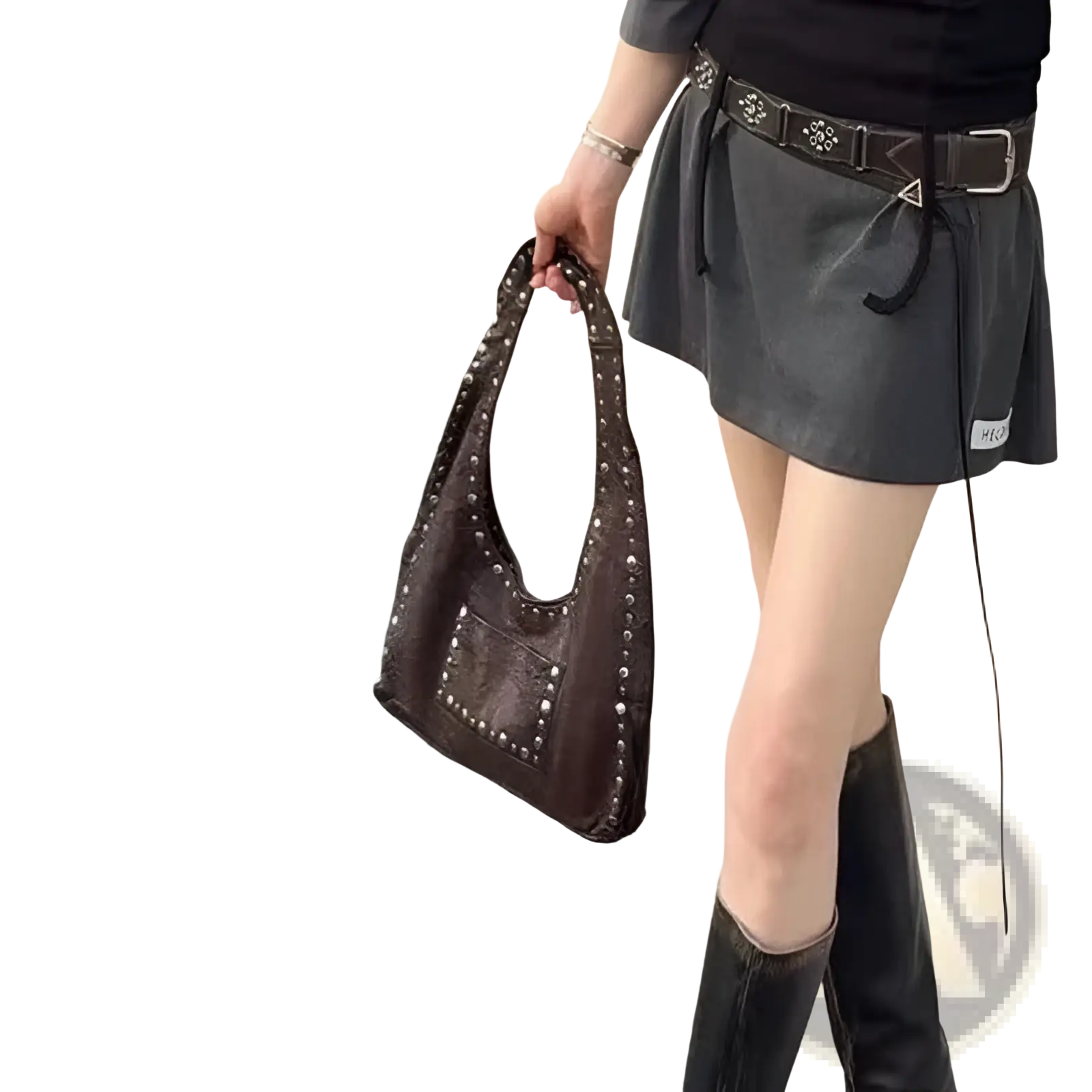 Brown Studded Leather Shoulder Bag Retro Hobo Purse