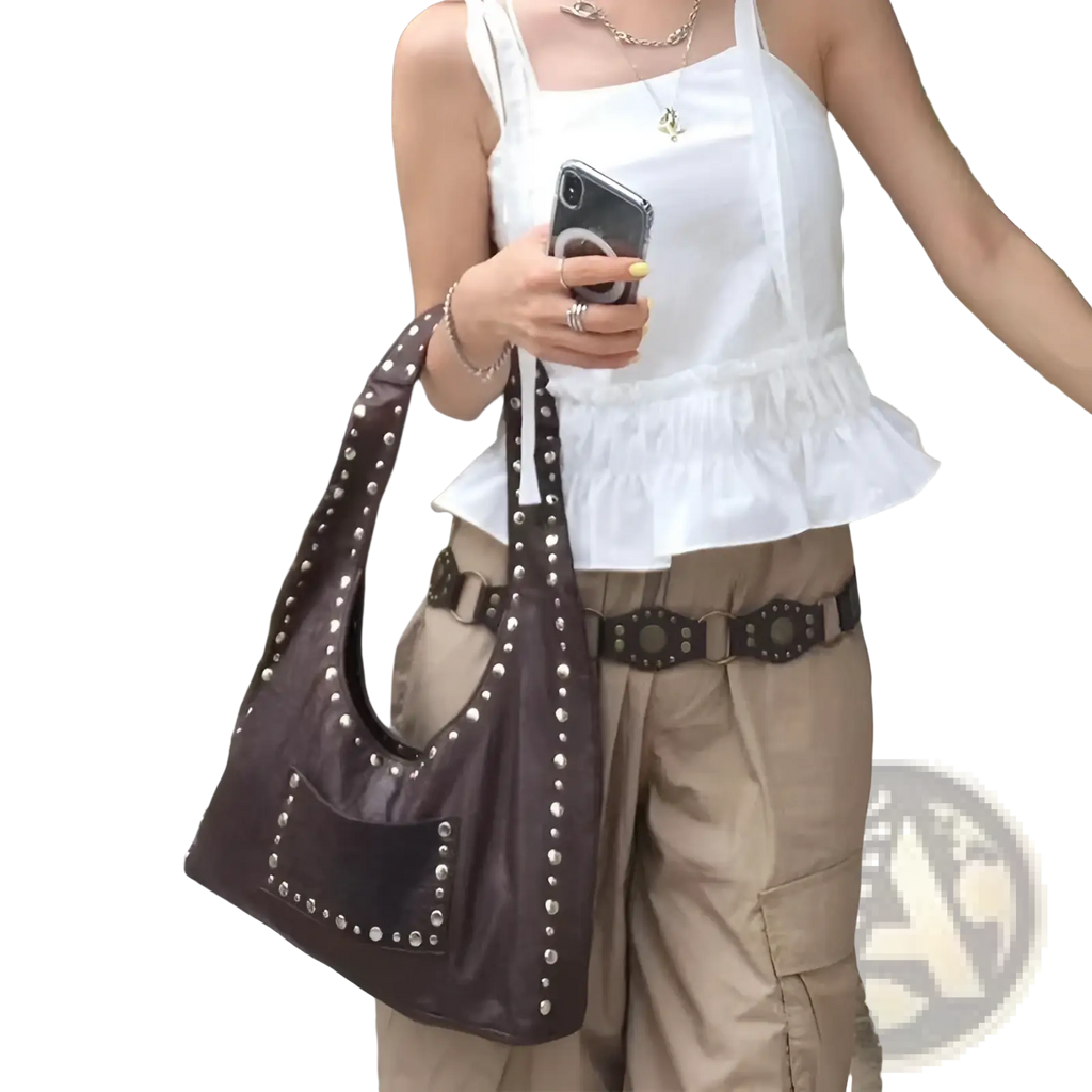 Brown Studded Leather Shoulder Bag Retro Hobo Purse