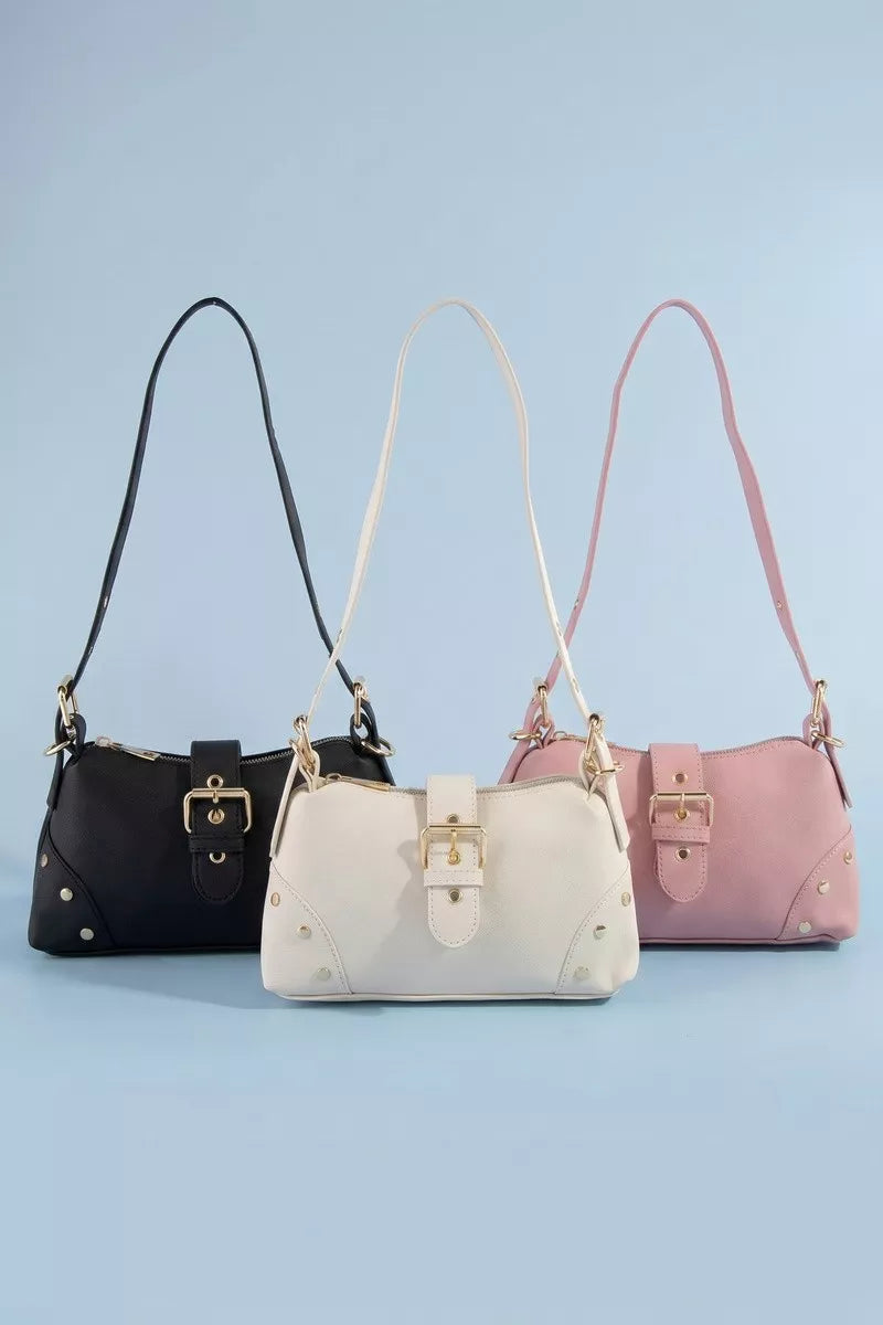 Fame Studded Saffiano Buckle Strap Shoulder Bag