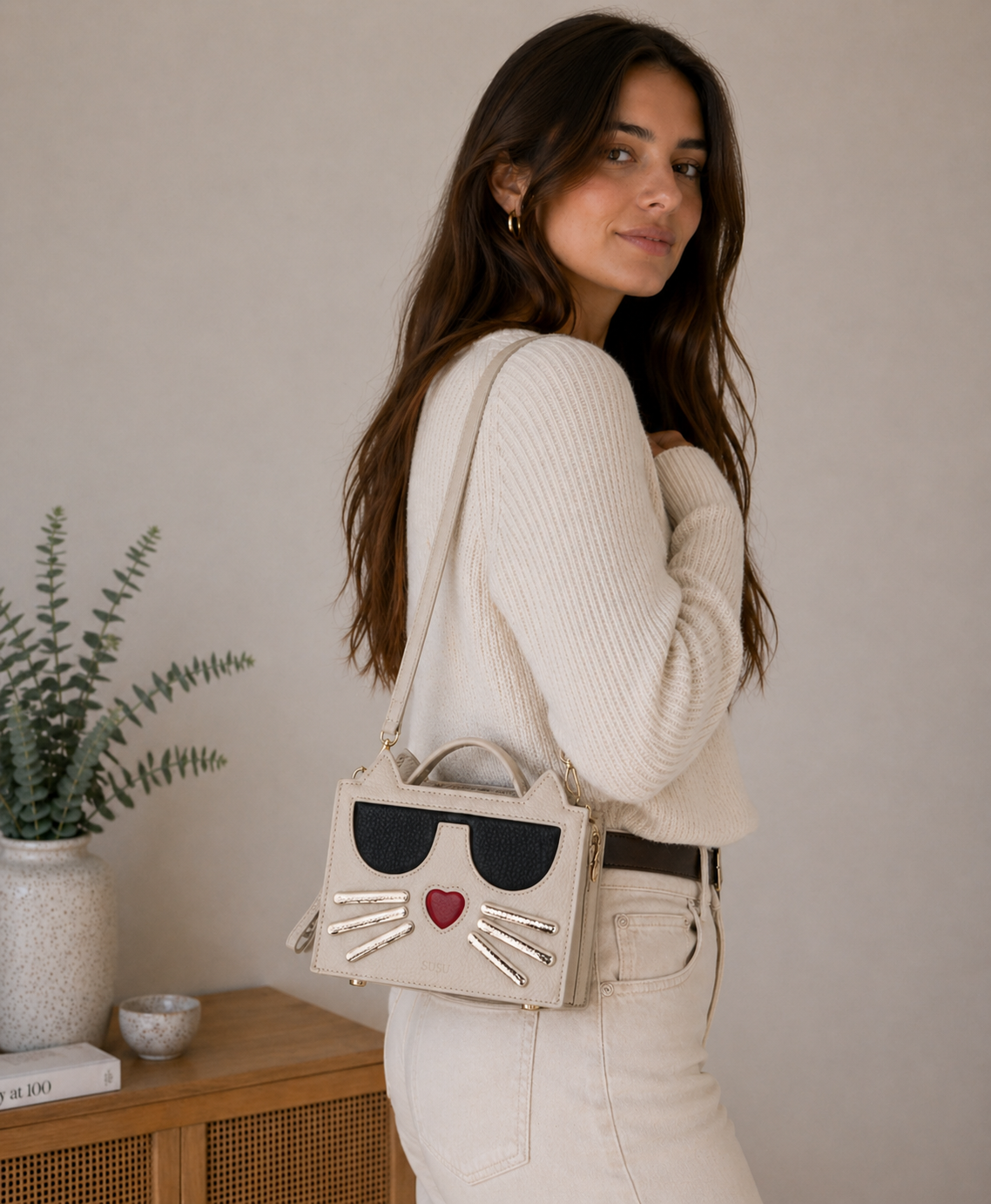 The Cat Leather Cat Crossbody Bag Light Beige Cream