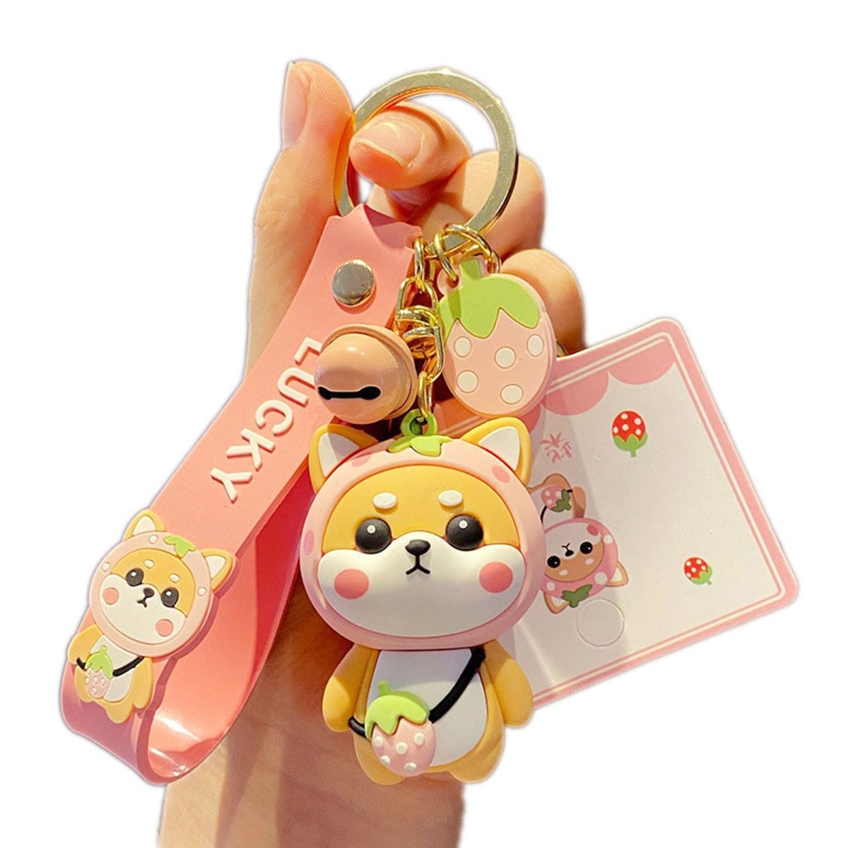 Pink Strawberry Shiba Inu Keychain, Zinc Alloy Keyring, Cute Kawaii Bag Charm, Everyday Purse Accessory Gift For Women