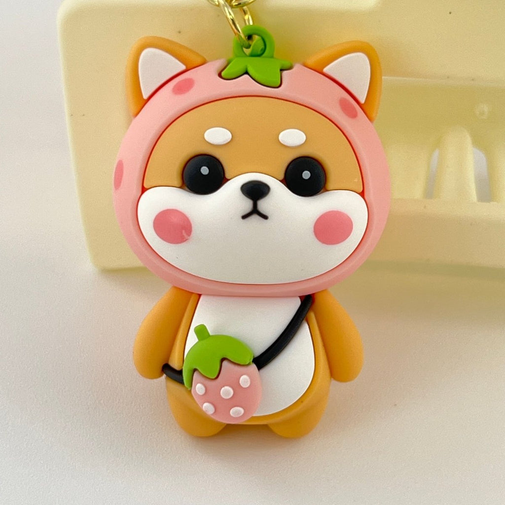 Pink Strawberry Shiba Inu Keychain, Zinc Alloy Keyring, Cute Kawaii Bag Charm, Everyday Purse Accessory Gift For Women