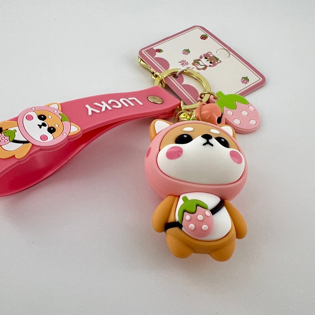 Pink Strawberry Shiba Inu Keychain, Zinc Alloy Keyring, Cute Kawaii Bag Charm, Everyday Purse Accessory Gift For Women