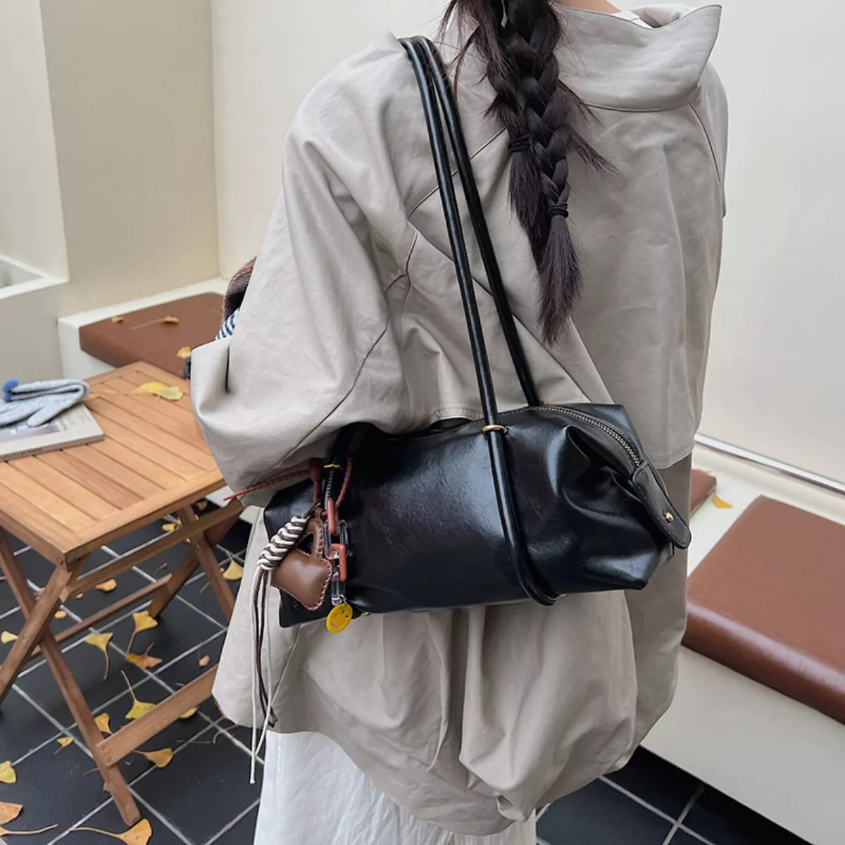 Leather Shoulder Bag with Charm