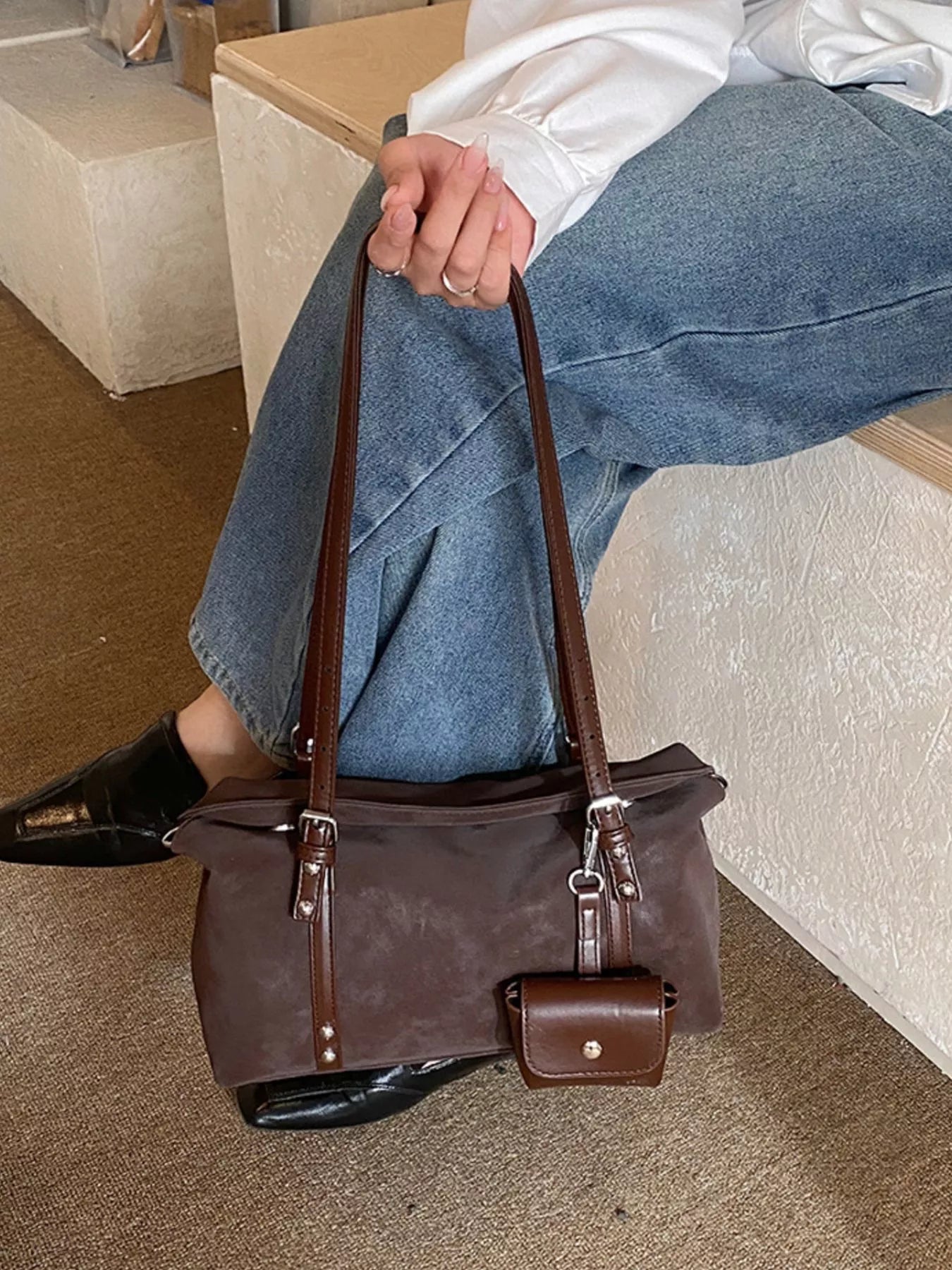 Leather Shoulder Bag with Detachable Pouch