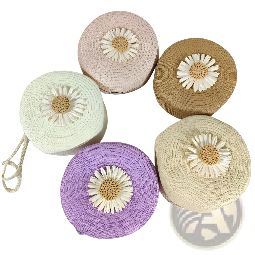 Daisy Straw Crossbody Bag Round Woven Shoulder Purse