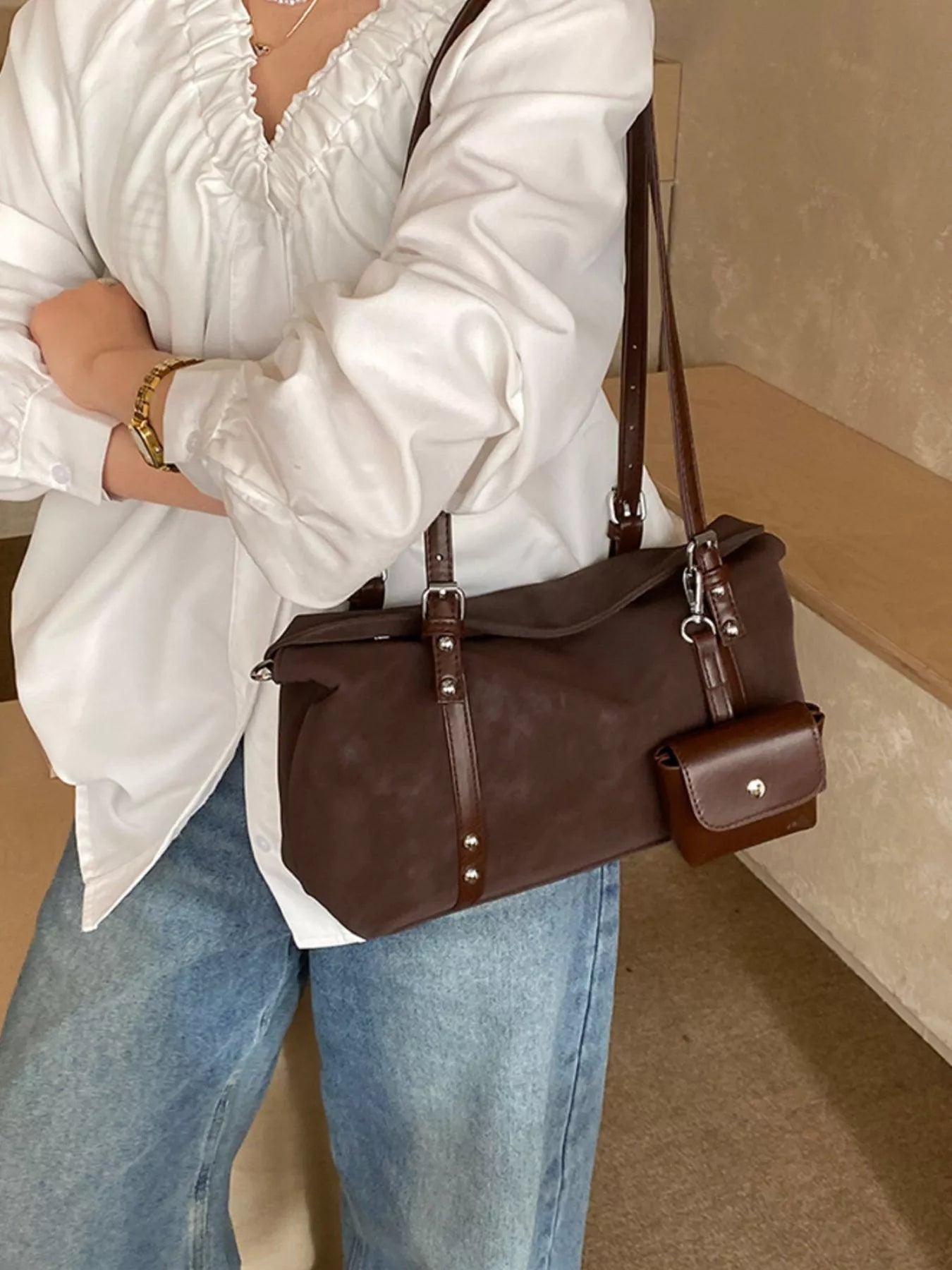 Leather Shoulder Bag with Detachable Pouch