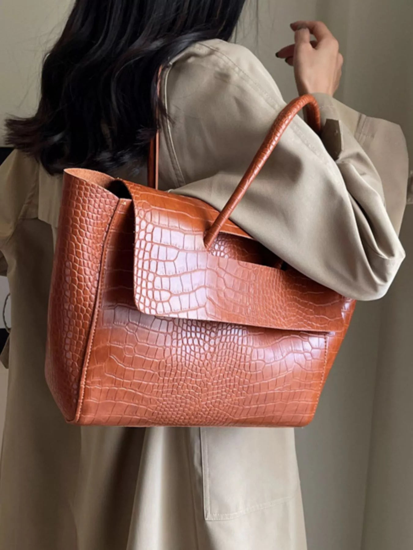 Crocodile-Embossed Shoulder Bag