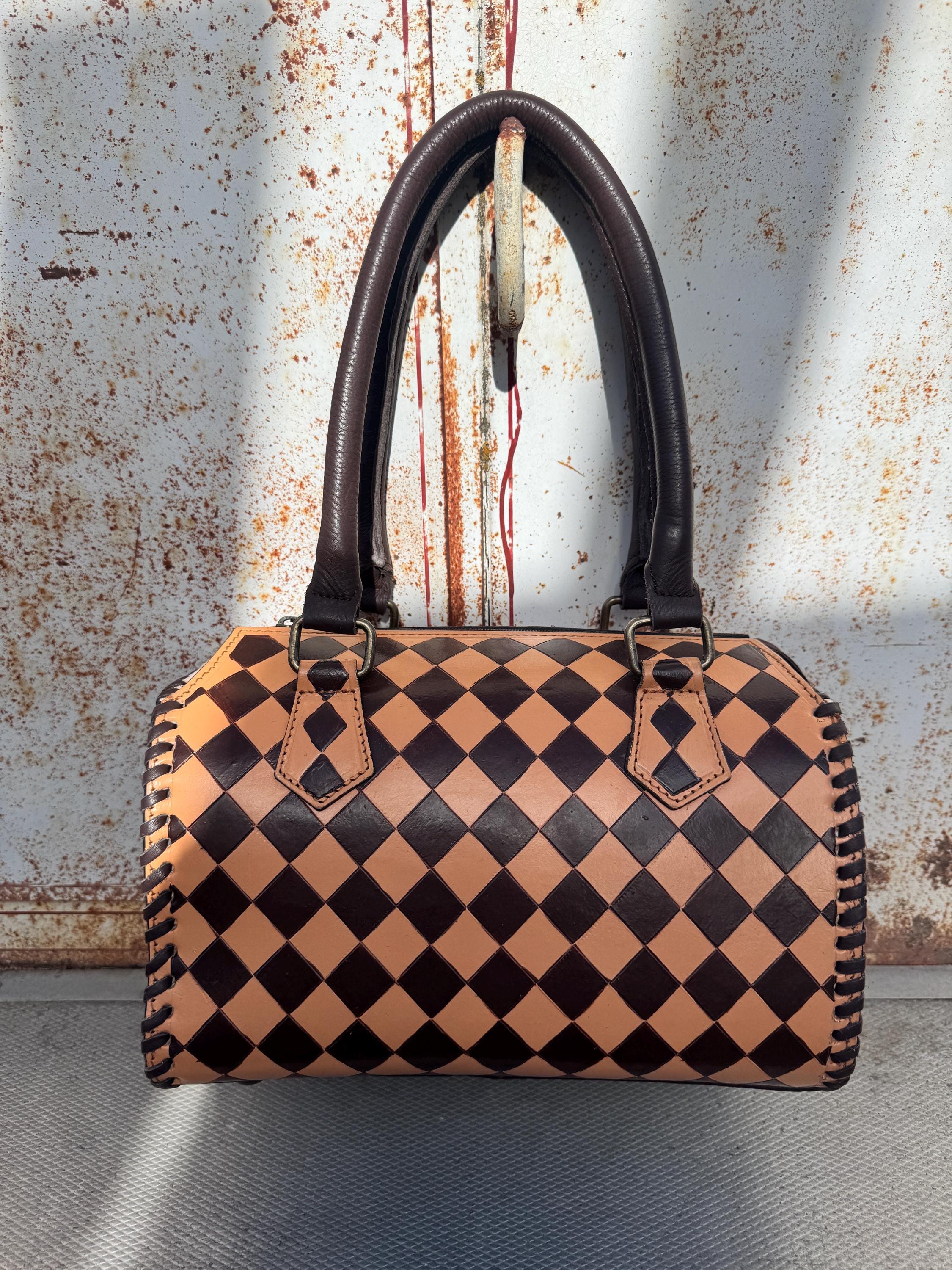Caramel Espresso Checkered Speedy Western Genuine Leather Purse with optional wallet