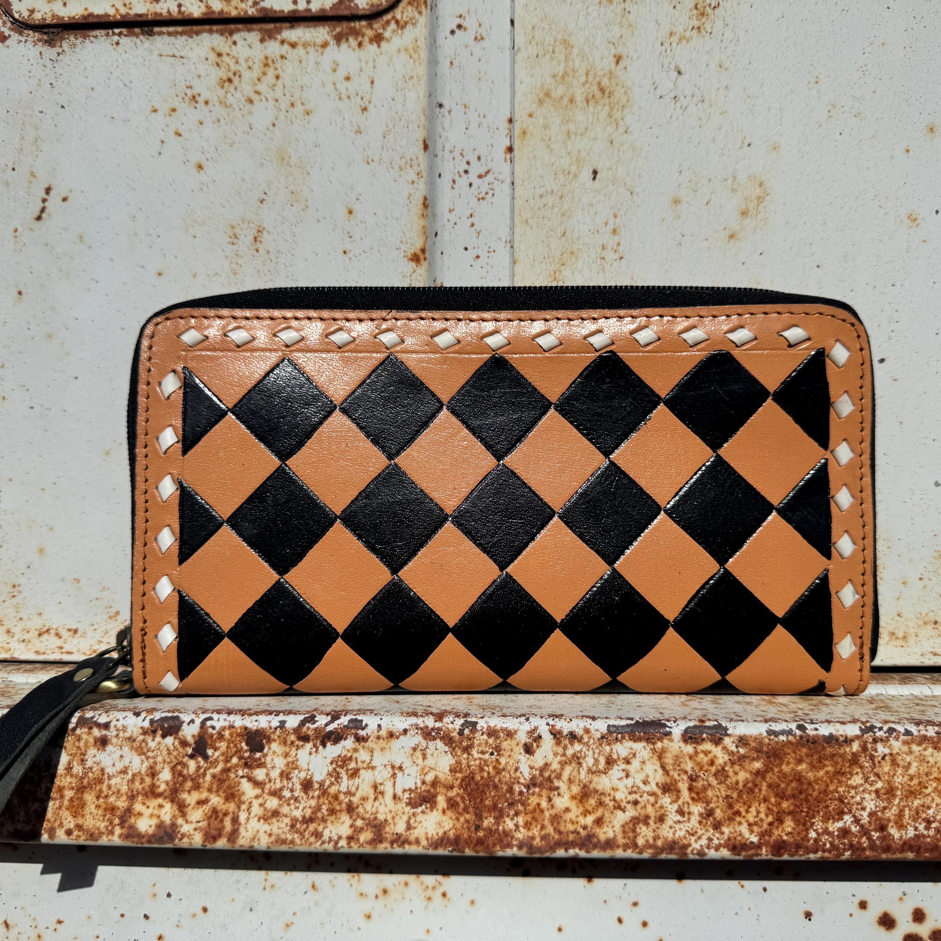 Caramel Espresso Checkered Speedy Western Genuine Leather Purse with optional wallet