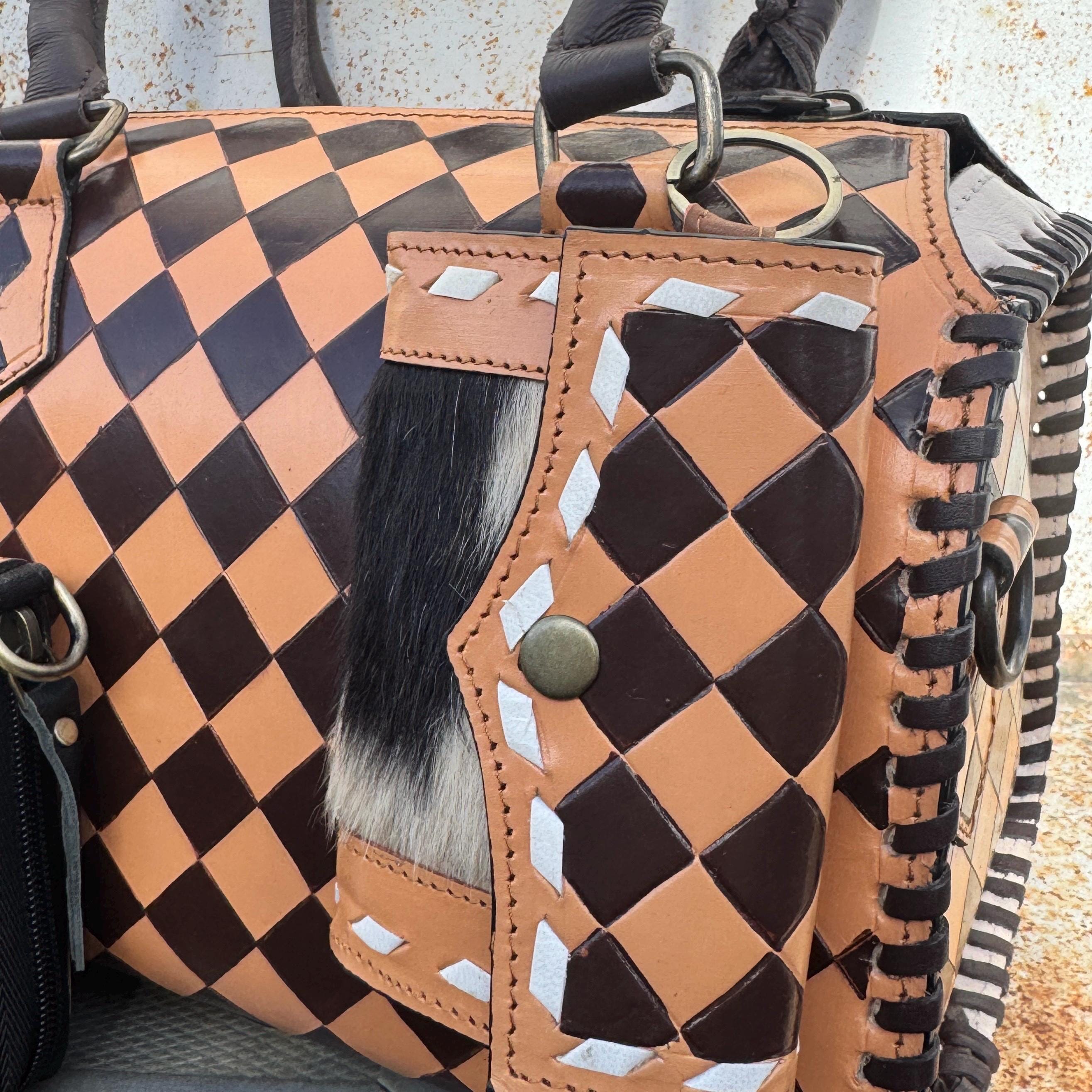 Caramel Espresso Checkered Speedy Western Genuine Leather Purse with optional wallet