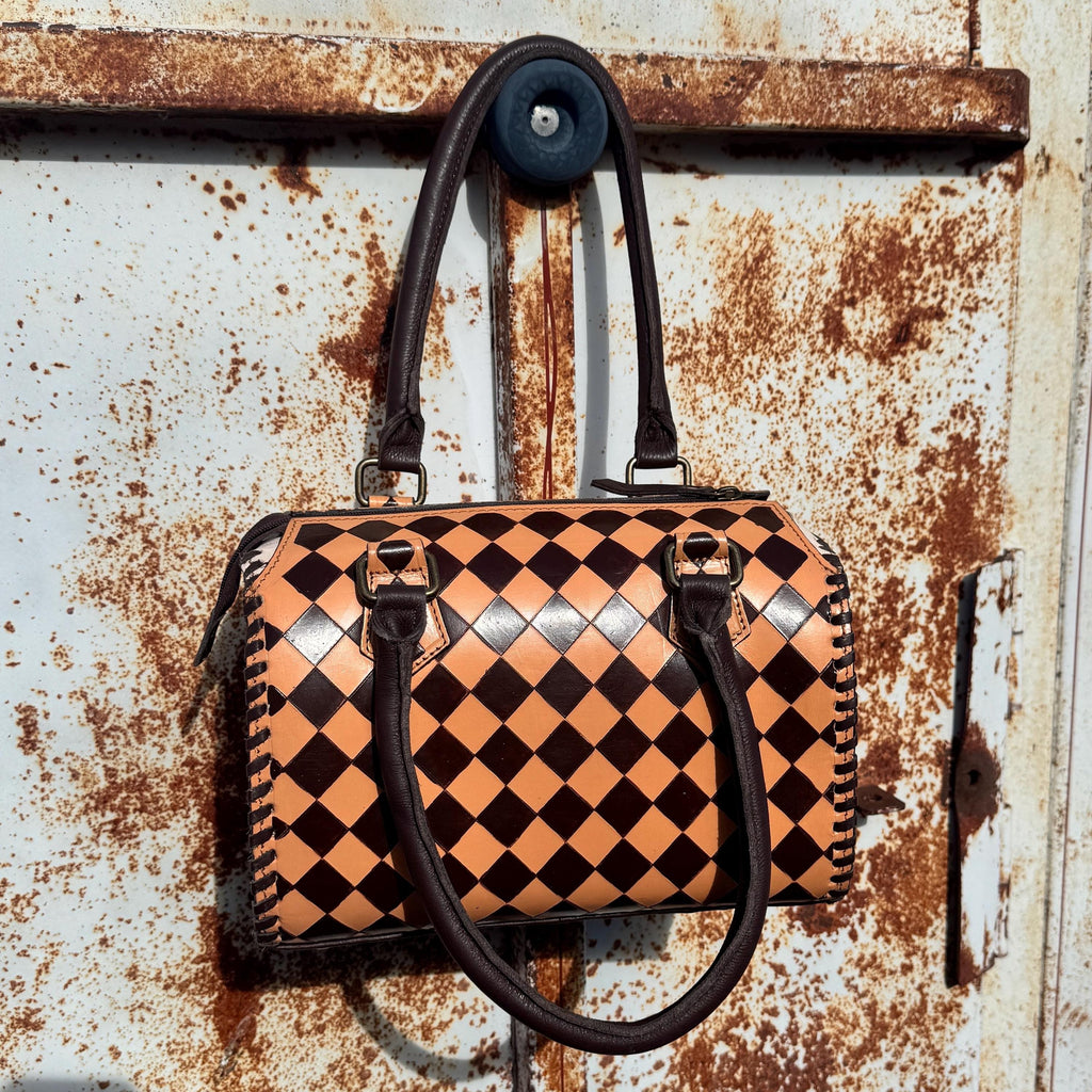 Caramel Espresso Checkered Speedy Western Genuine Leather Purse with optional wallet