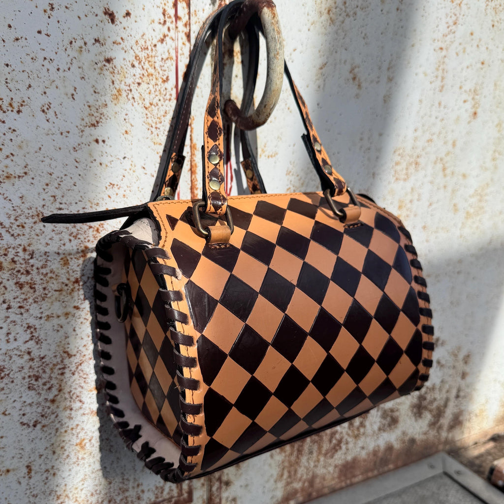 Caramel Espresso Checkered Speedy Western Genuine Leather Purse with optional wallet