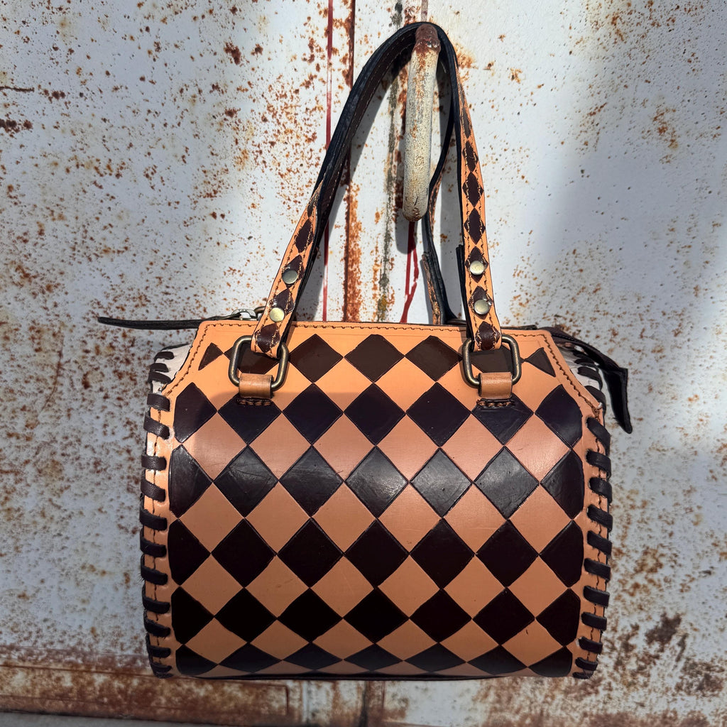 Caramel Espresso Checkered Speedy Western Genuine Leather Purse with optional wallet