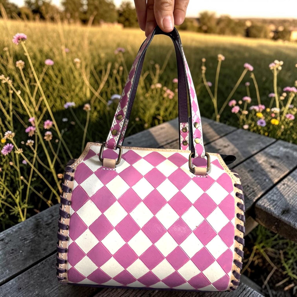 Country Lilac Checkered Speedy Western Genuine Leather Purse