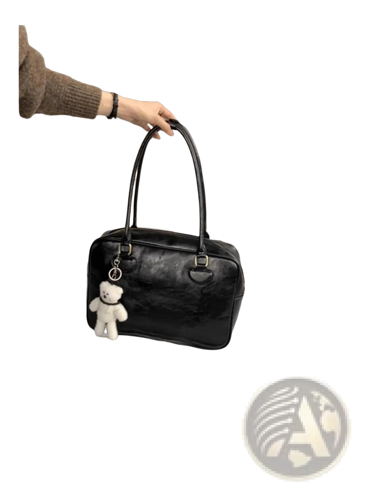 Large Capacity Leather Shoulder Bag with Bear Charm