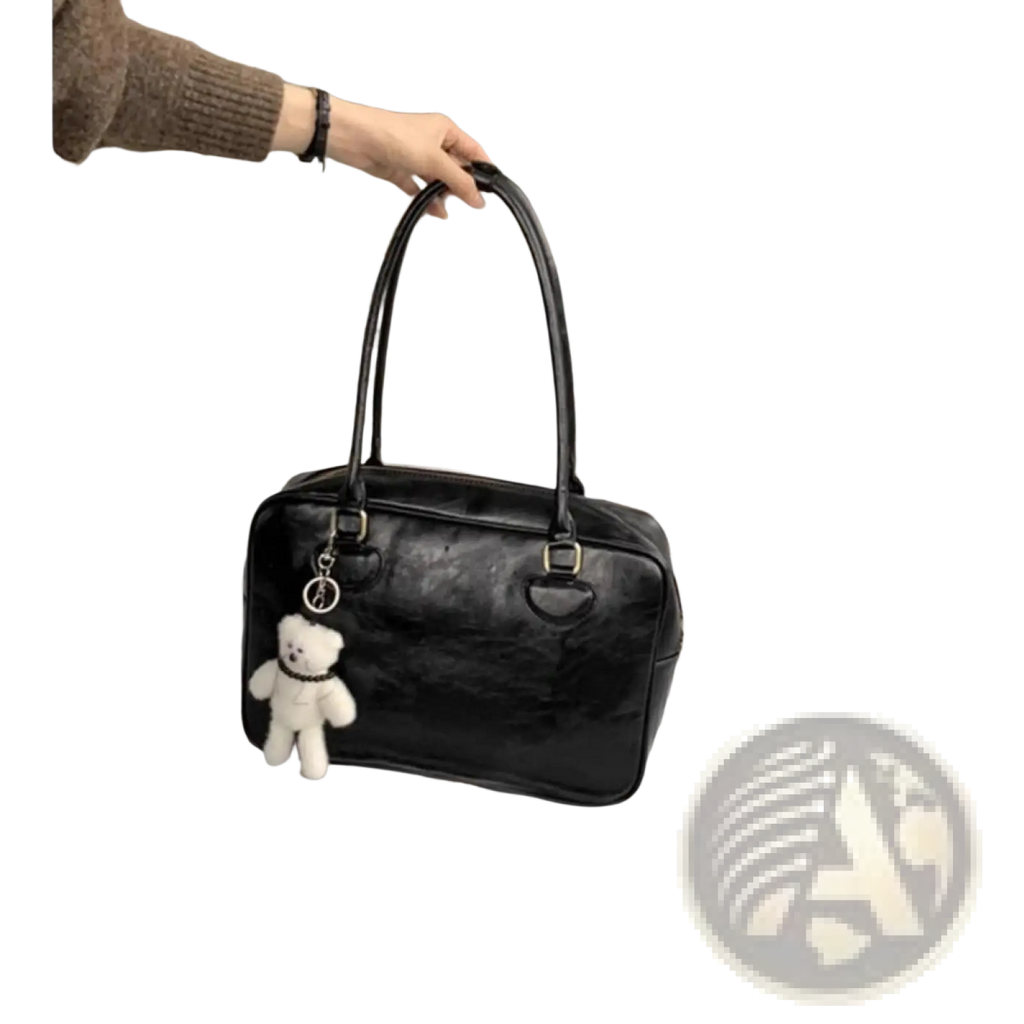 Large Capacity Leather Shoulder Bag with Bear Charm