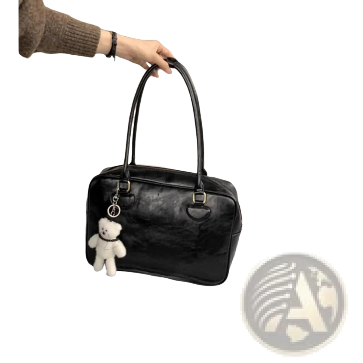 Large Capacity Leather Shoulder Bag with Bear Charm