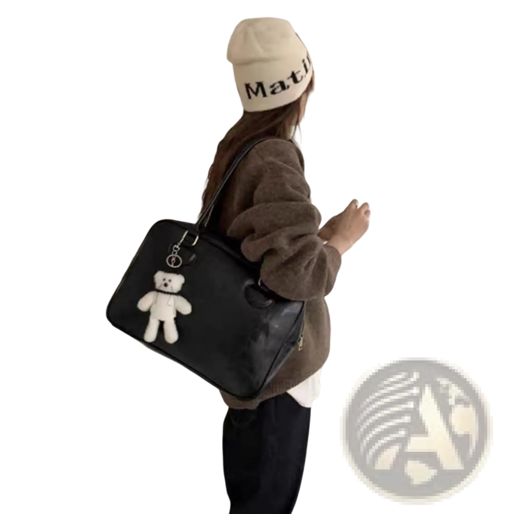 Large Capacity Leather Shoulder Bag with Bear Charm