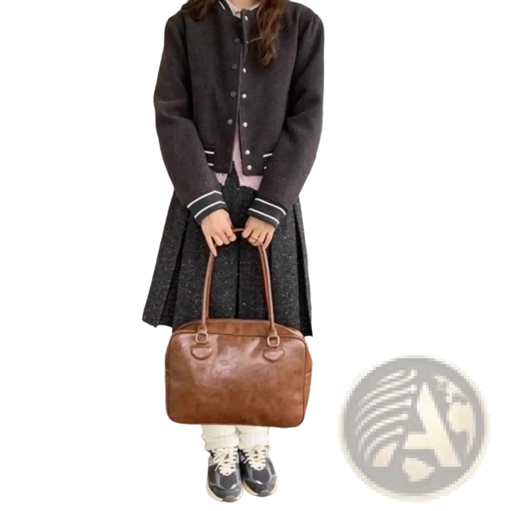 Large Capacity Leather Shoulder Bag with Bear Charm