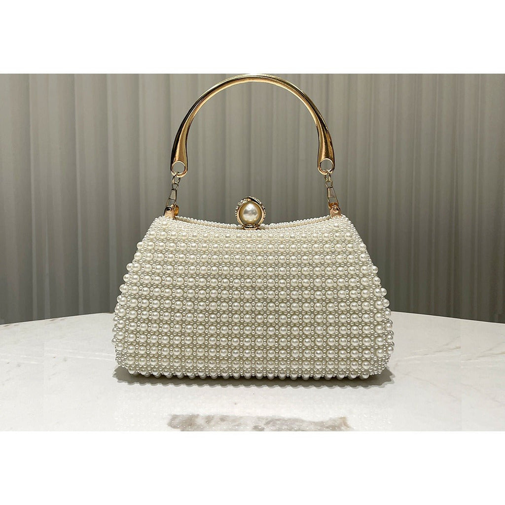 Pearl-Embellished Vintage-Inspired Beaded Box Bag Evening Clutch with Gold Accents (MAC248)