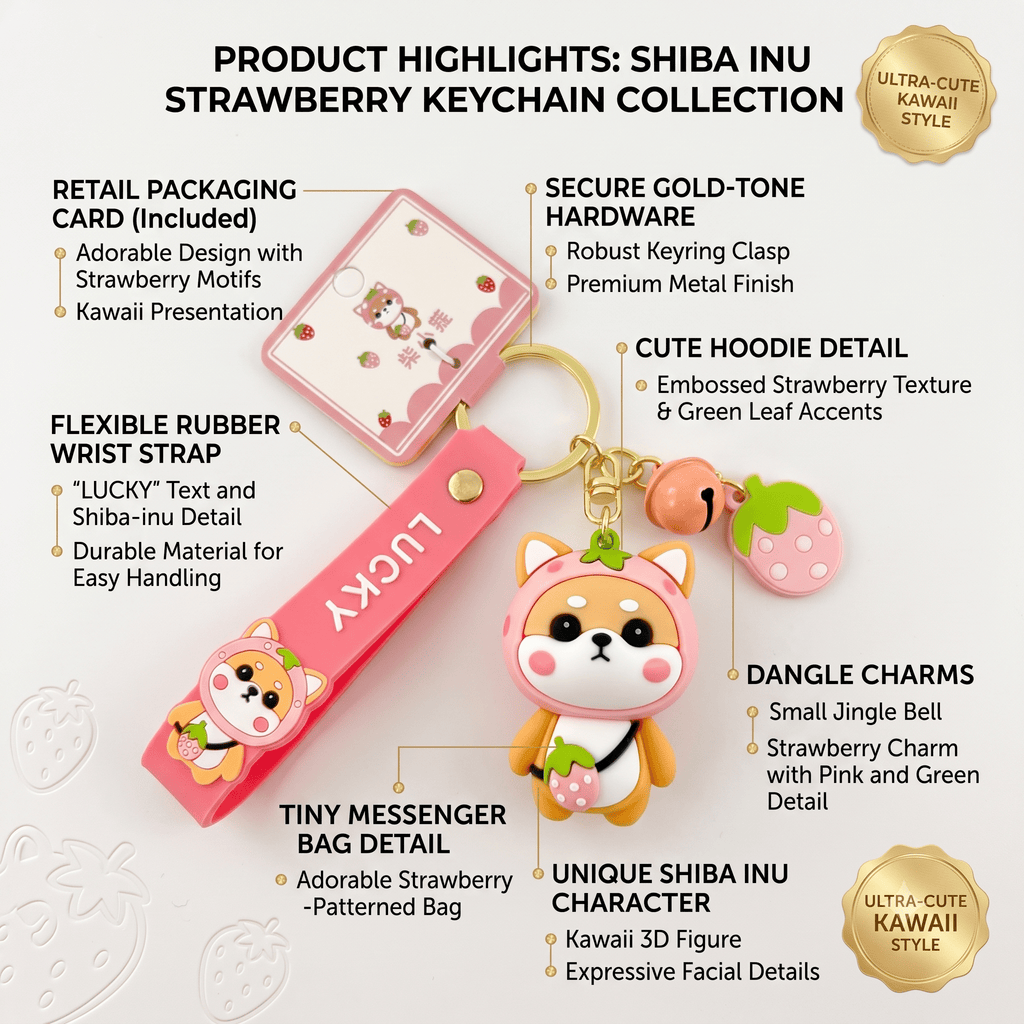 Pink Strawberry Shiba Inu Keychain, Zinc Alloy Keyring, Cute Kawaii Bag Charm, Everyday Purse Accessory Gift For Women